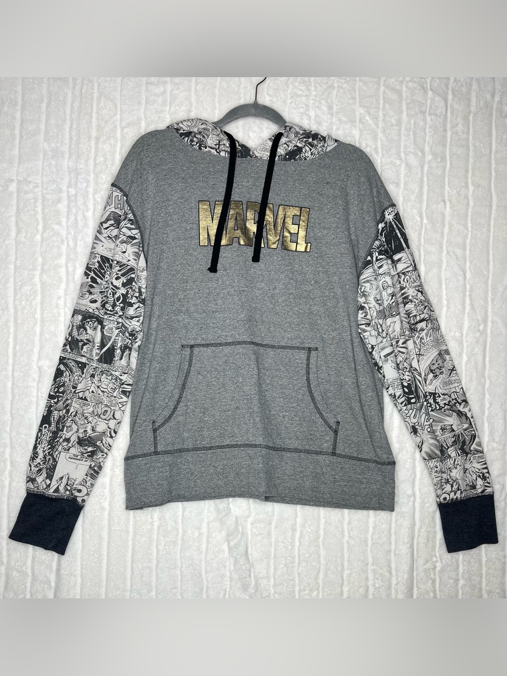 Marvel Comics Graphic Hoodie Men's 2XL Grey Gold Metallic Logo Comic Sleeves